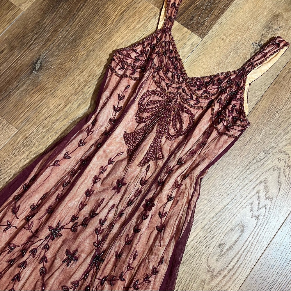 Vintage Y2K Beaded Dress Vintage Embroidered Mesh Burgundy Bow Flapper Dress - Picture 7 of 14